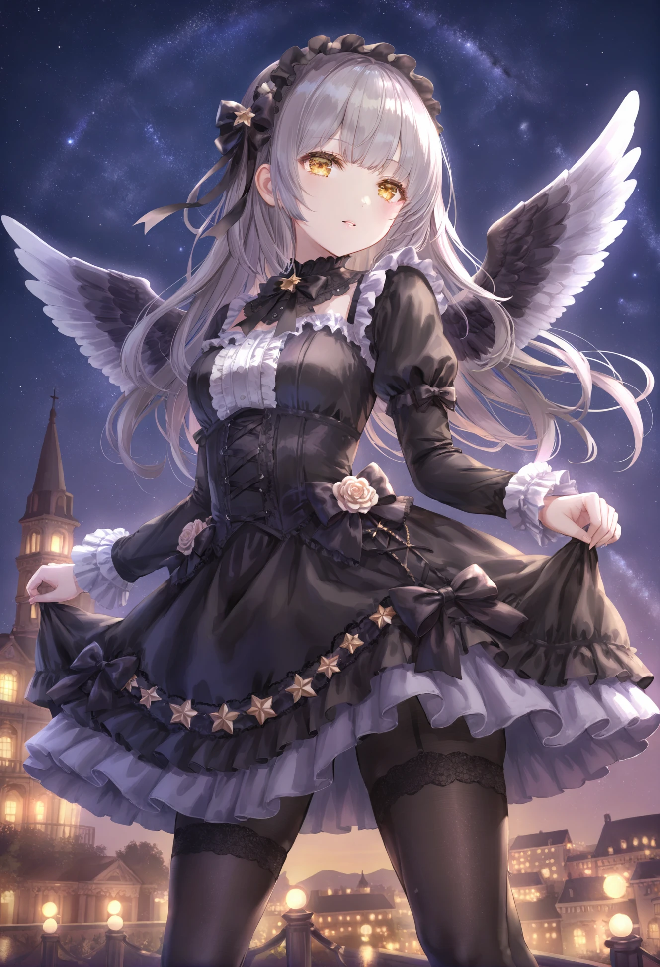 masterpiece, best quality,1girl, solo, black pantyhose, 1011ta, star, (sky:1.1), scenery, starry sky, yellow eyes, grey hair, black dress, pantyhose, dress, star \(sky\), wings, ribbon