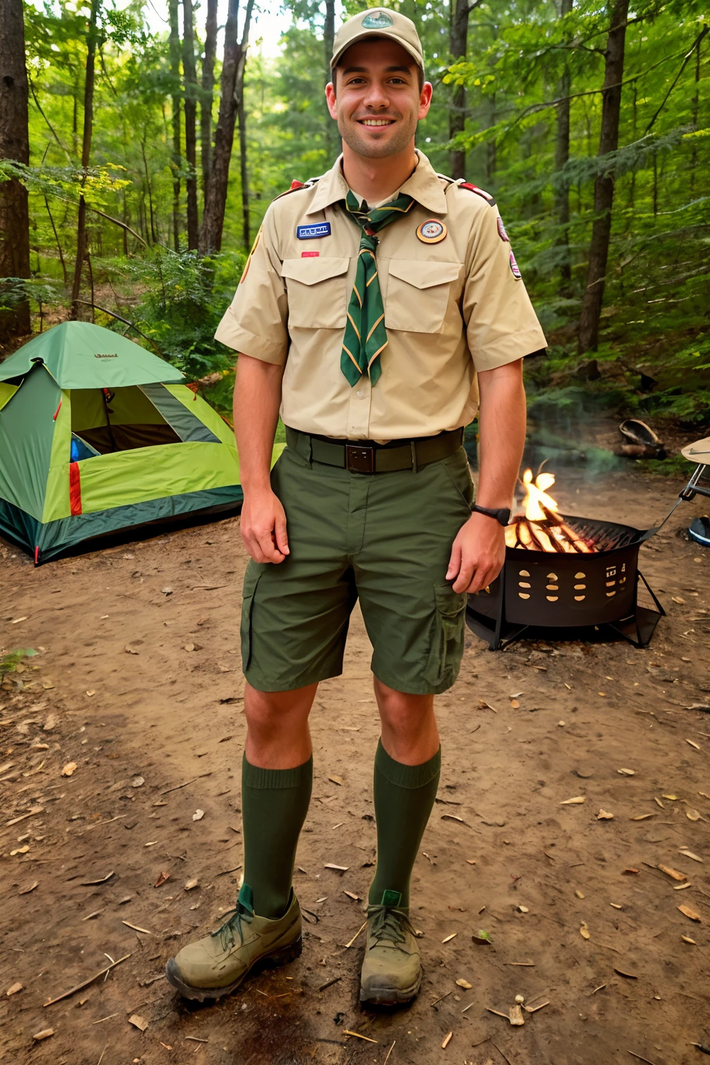 forest campground, (standing beside a campfire:1.2), smiling, DanteColle is a scoutmaster, wearing scoutmaster outfit, long green hiking socks, hiking boots, (((full body portrait))), wide angle <lora:DanteColle:0.8>  <lora:Bsa:0.55>