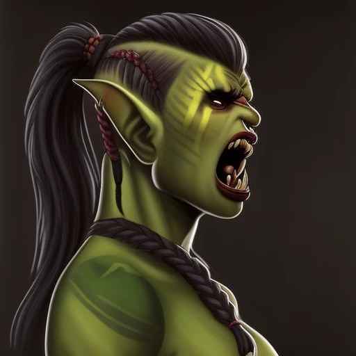 a female orc, medium shot, side view, screaming, war paint, long ponytail, single braid