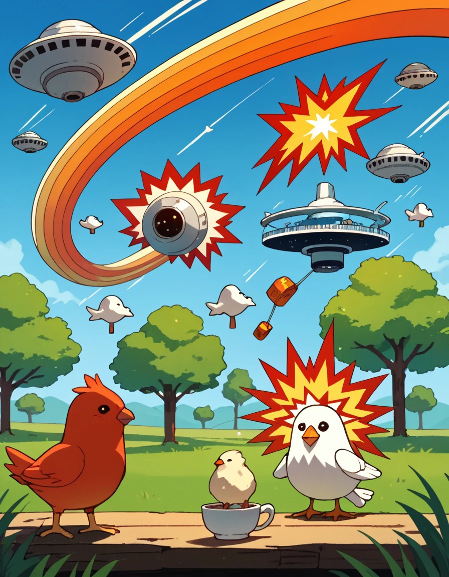 score_9, score_8_up, score_7_up, score_6_up, score_5_up, score_4_up, hud_ata_styl, no humans, sky, tree, parody, explosion, a chicken that destroys galaxies with a cup of rice, motion lines, behind chicken, spacecraft,<lora:atarixlp-000007:0.8>,