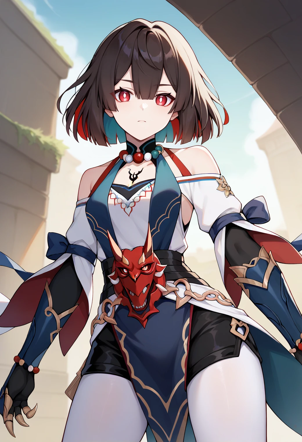 score_9,score_8_up,score_7_up,score_6_up,score_5_up,score_4_up,
1girl, xueyi \(honkai: star rail\), short hair, hair between eyes, colored inner hair, dress, claws, white pantyhose, halterneck, off shoulder, pelvic curtain, black shorts, gauntlets, jewelry, bead necklace, mask,
solo, cowboy shot, looking at viewer, outdoors,
<lora:xueyiponyxl:1>