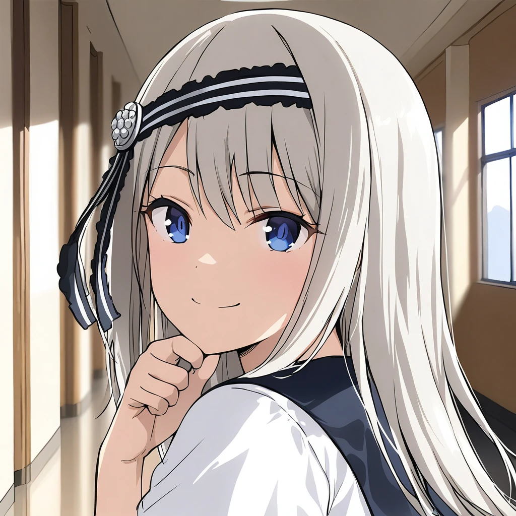 masterpiece, aesthetic, 1girl, kei, white dress, sailor collar, portrait, <lora:KeiShiroganeSDXLmG:0.7>, school background, hallway, hand on chin, smile,