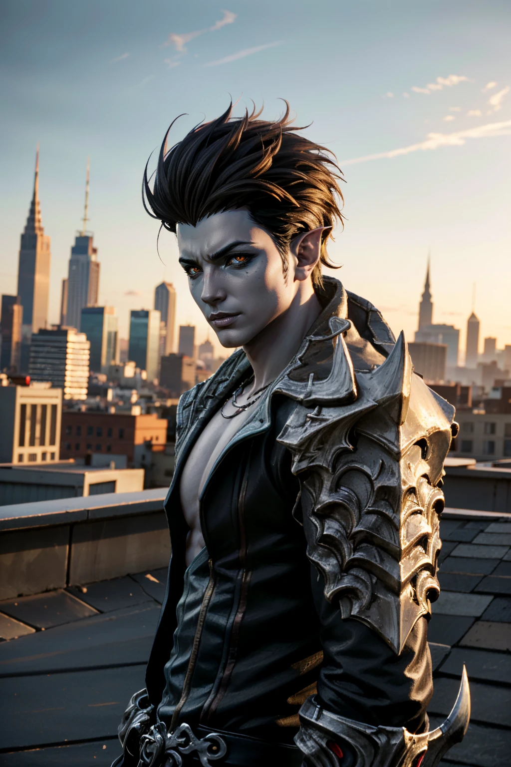 ((ultra detailed, masterpiece, absurdres))
<lora:LAKharmine:0.8>
LAKharmine, 1boy, short hair, brown hair, pointy ears, colored skin, colored sclera, posing confidently on a rooftop overlooking a city skyline