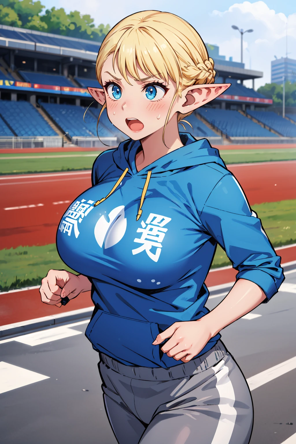 masterpiece, best quality, 1girl, <lora:elfuda-nvwls-v1-000009:0.9> elfuda, pointy ears, french braid, plump, huge breasts, blue hoodie, open mouth, sweating, serious, grey sweatpants, running, track, city, grey sky