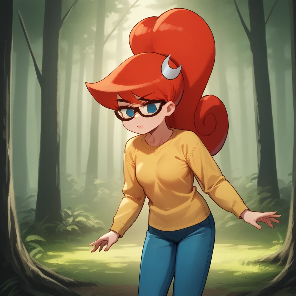 score_8_up, BREAK, source_cartoon, solo, 1girl, Mary, Red hair, long hair, high ponytail , blue eyes,  glasses, blue pants , yellow t-shirt,  crescent hair ornament , long sleeves,    <lora:MaryTest_LeafXL_1:1>, forest,