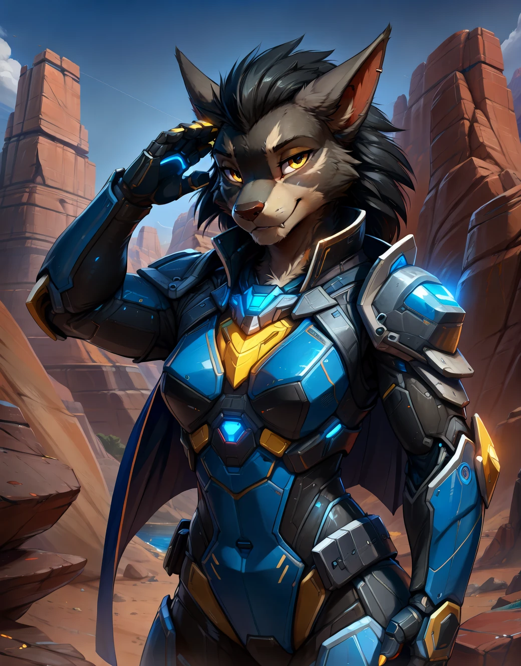 (outdoors:1.3), performing a salute, (weird and strange rocky canyon scene:1.4), daytime, (incredibly sexy female anthro (black-furred worgen:1.3) (saluting:1.4)), (furry, furry_female:1.3), (detailed large round breasts:1.2), (detailed eyes), (detailed face), ( looking at viewer:1.3), (narrowed eyes:1.3), (wearing streamlined suit of power armor with yellow accents, wearing (black:1.1) cape, chest armor, sci-fi, high tech:1.4)
(by dagasi, by smitty g),by tom fischbach, by cutesexyrobutts, by hioshiru, by Tarakanovich, by Muhut, by wolfy-nail,
(masterpiece, 8k, 4k, best quality, hi res, absurd res:1.3), realistic, photography \(artwork\),
(detailed background:1.3), (cinematic lighting), detailed ambient light, (detailed lighting), (ambient light on the body), <lora:Bodysuit v13:0.6> <lora:AMechaSSS[color_theme,mecha musume, mechanical parts,robot joints,headgear]:0.8>