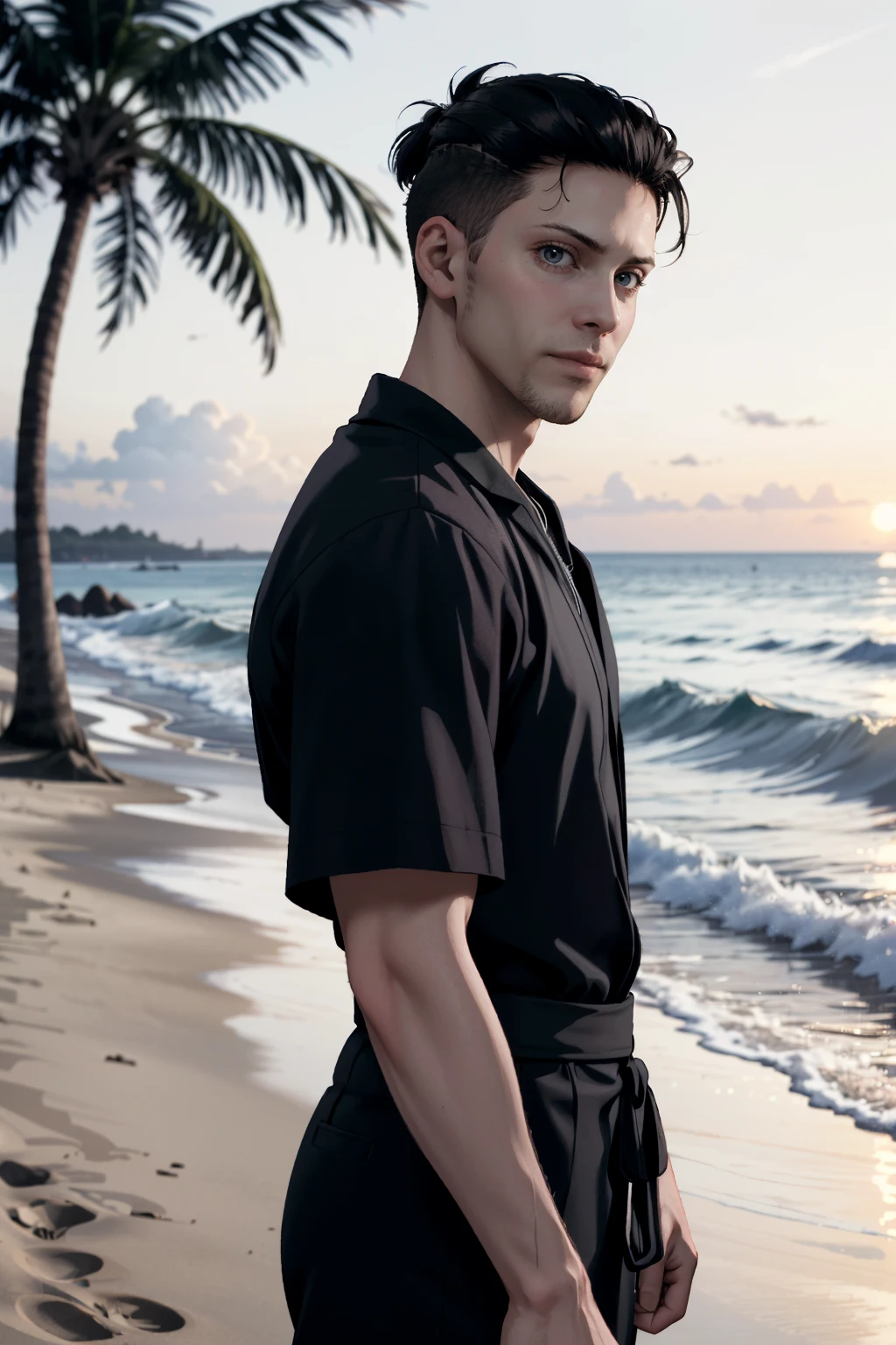((ultra detailed, masterpiece, absurdres))
<lora:DBHKamski:0.8>
DBHKamski, 1boy, undercut, black hair, at the beach, casual clothing, palm trees, sundown