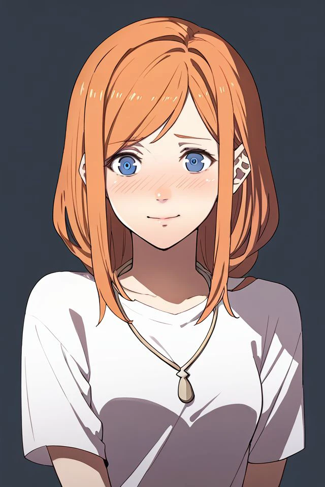 score_7_up, 1girl, embarrassed_nose_blush_smile, orange hair, swept_bangs, topknot, light_blue eyes , <lora:Kurahana_Chinatsu_PonyXL_style_v01:1>