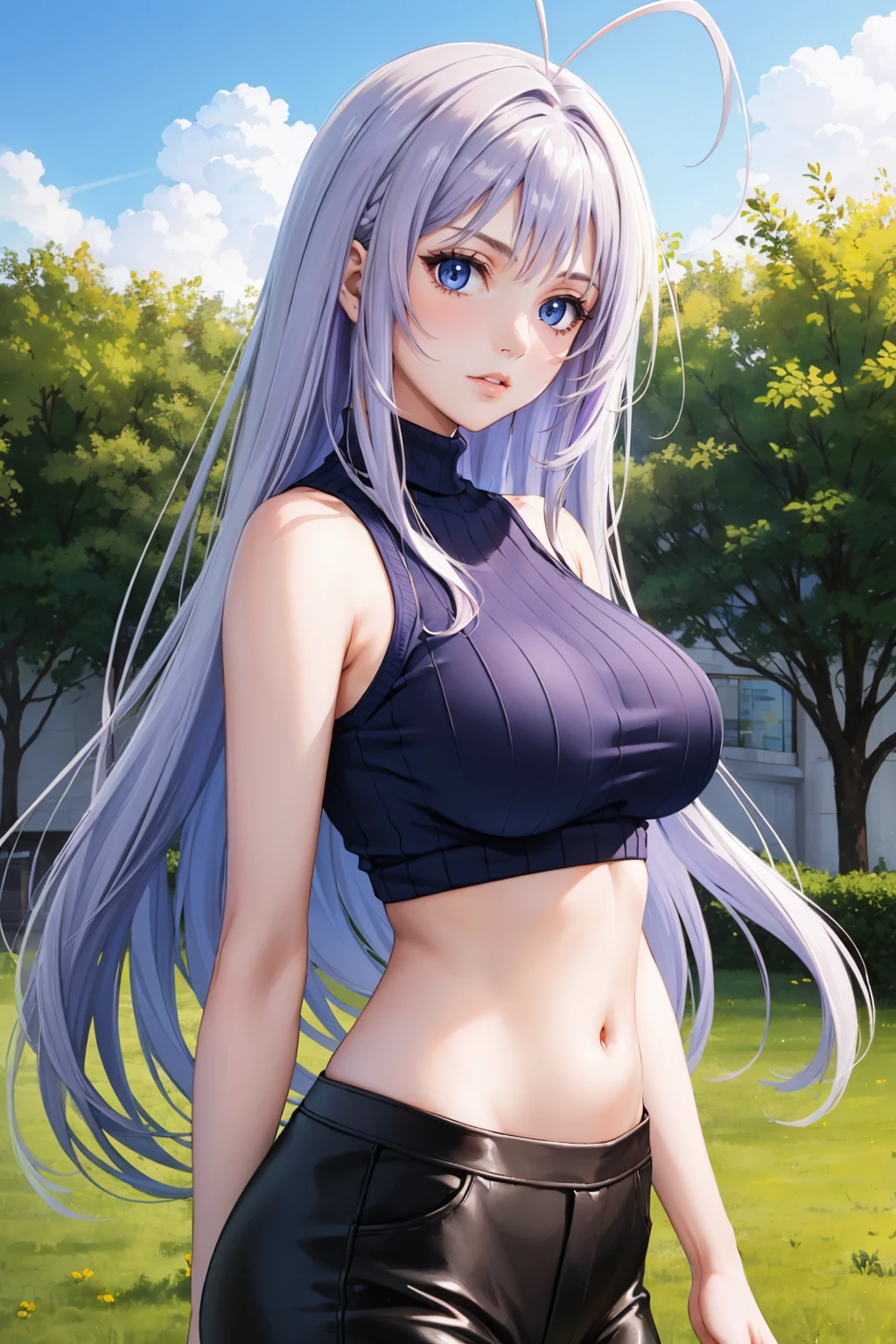 masterpiece, best quality, 1girl, <lora:natsumemaya-nvwls-v1-000009:0.9> natsumemaya, lavender hair, antenna hair, sleeveless turtleneck, navy blue sweater, midriff, black pants, large breasts, from side, blue sky