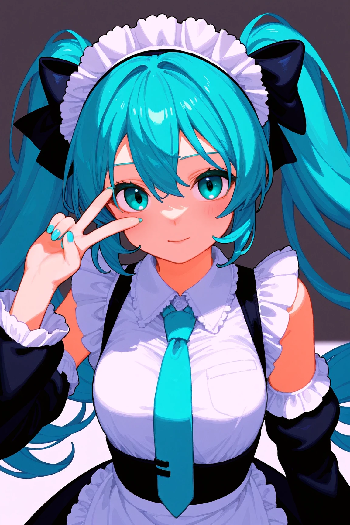 pixel-art 1girl, hatsune miku, solo, twintails, long hair, maid headdress, necktie, looking at viewer, v, maid, apron, detached sleeves, aqua eyes, upper body, blush, closed mouth, hair between eyes, aqua hair, shirt, grey shirt, aqua necktie, black sleeves, hand up, frills, bow, sleeveless shirt, sleeveless, aqua nails, long sleeves, nail polish, maid apron, hair bow, blue nails . low-res