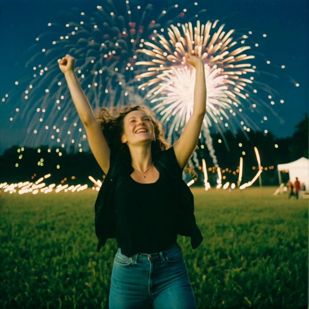 (film photography style:1.5) a closeup of a woman dancing in a field under a sky of fireworks, medium grain <lora:SDXL_FILM_PHOTOGRAPHY_STYLE_V1:.8>