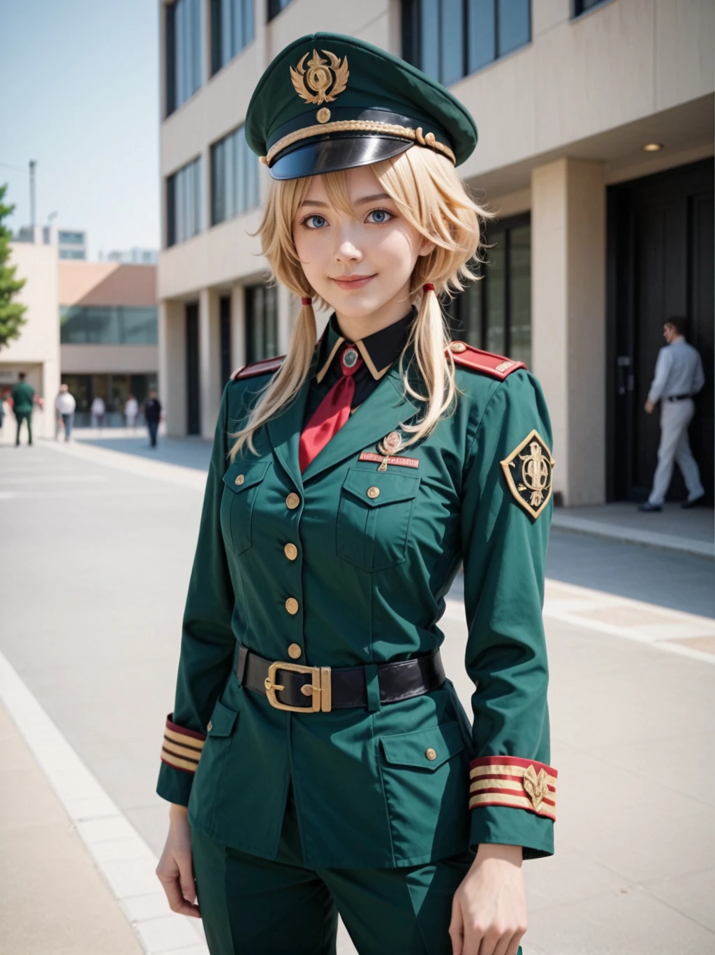 1girl, tanya degurechaff, youjo senki, blue eyes, blonde hair, short hair, short hair with long locks, military hat, green hat, military uniform, dark green uniform, long sleeves, belt, red gem, green pants, petite,
looking at viewer,official art,clothing, cosplay,photo,uncensored,rating_safe, cowboy shot,pose,outside, city, smile,