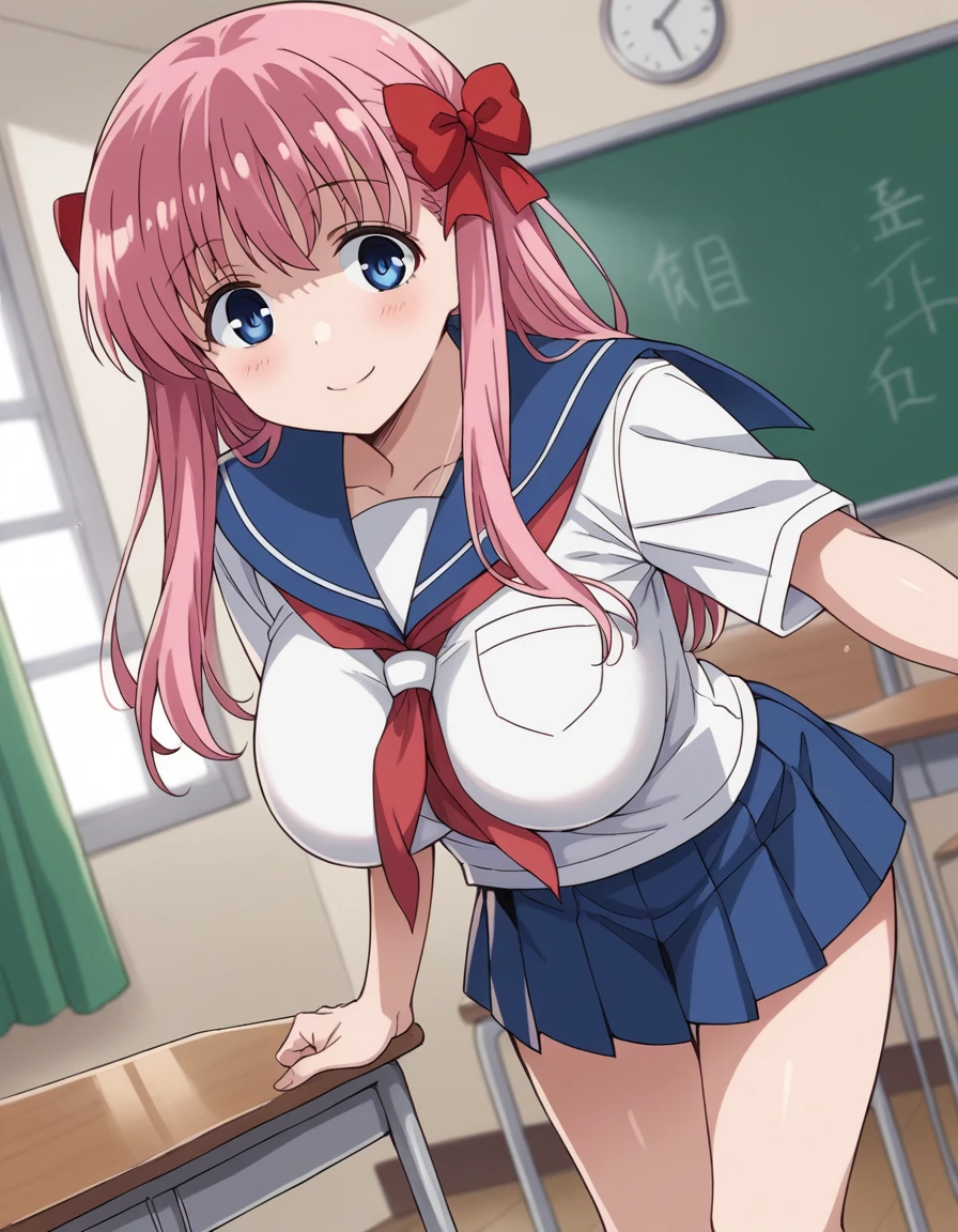 score_9, score_8_up, score_7_up, source_anime,
nodokaharamura, <lora:nodoka-haramura-s1-ponyxl-lora-nochekaiser:1>,
nodoka haramura, blue eyes, hair bow, long hair, pink hair, bow, large breasts,
blue skirt, kiyosumi school uniform, pleated skirt, school uniform, serafuku, skirt,
indoors, classroom, bent over, smile,
solo, looking at viewer, cowboy shot, dutch angle,