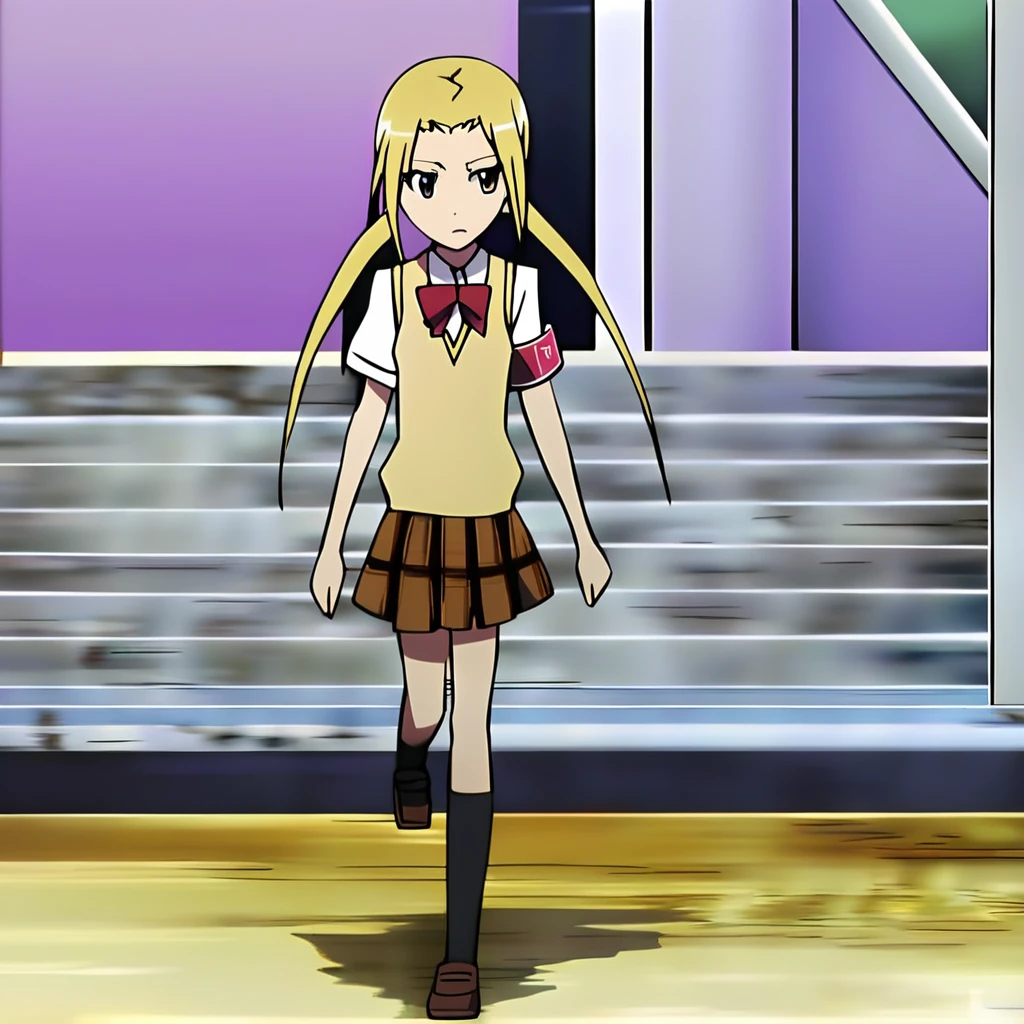 anime artwork illustrating Hagimura_Suzu, 1girl, solo, long hair, skirt, blonde hair, twintails, school uniform, (petite), socks, armband, sweater vest, walking,high quality,masterpiece,animestyle, highress. created by japanese anime studio. highly emotional. best quality, high resolution