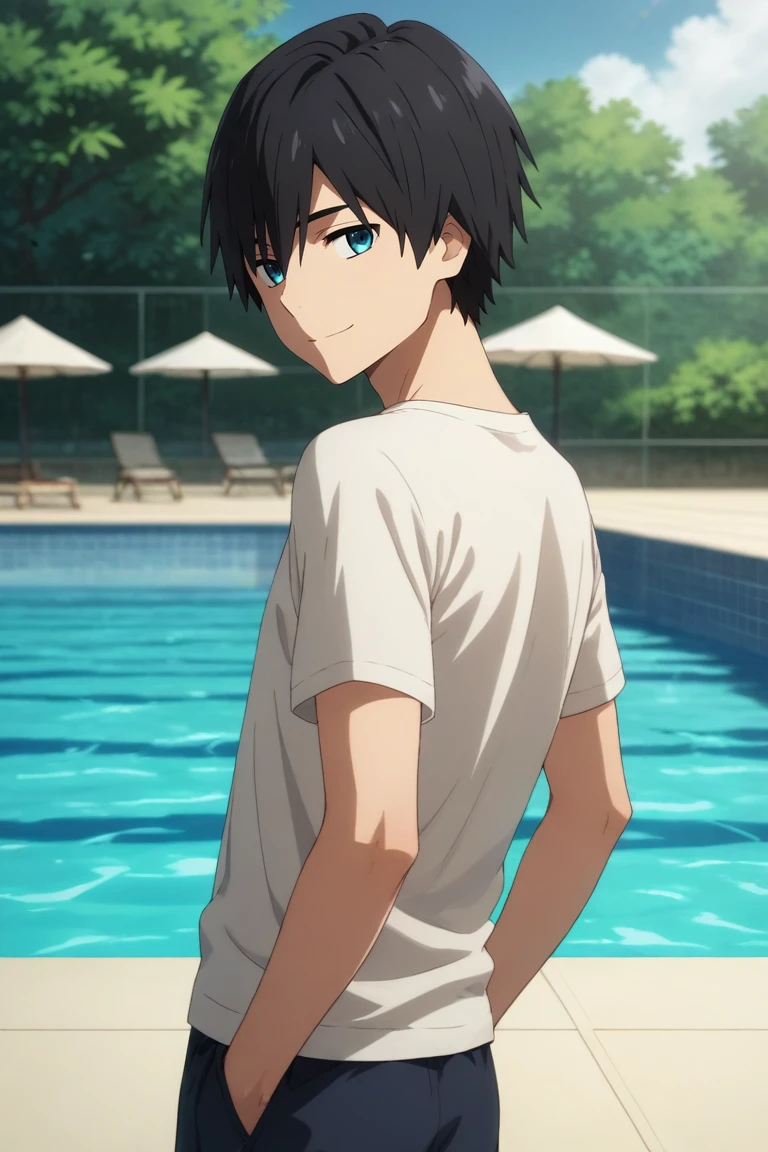 score_9, score_8_up, score_7_up, source_anime, rating_safe, , semi-realistic, looking at viewer, , 1boy, solo, male focus, <lora:hiro_franxx_pony:0.78>, hiro_franxx, black hair, blue eyes, bangs, , focused, pool, day, sunny, looking back, half-closed eyes, smile, , <lora:sdxl_lightning_8step_lora:1>