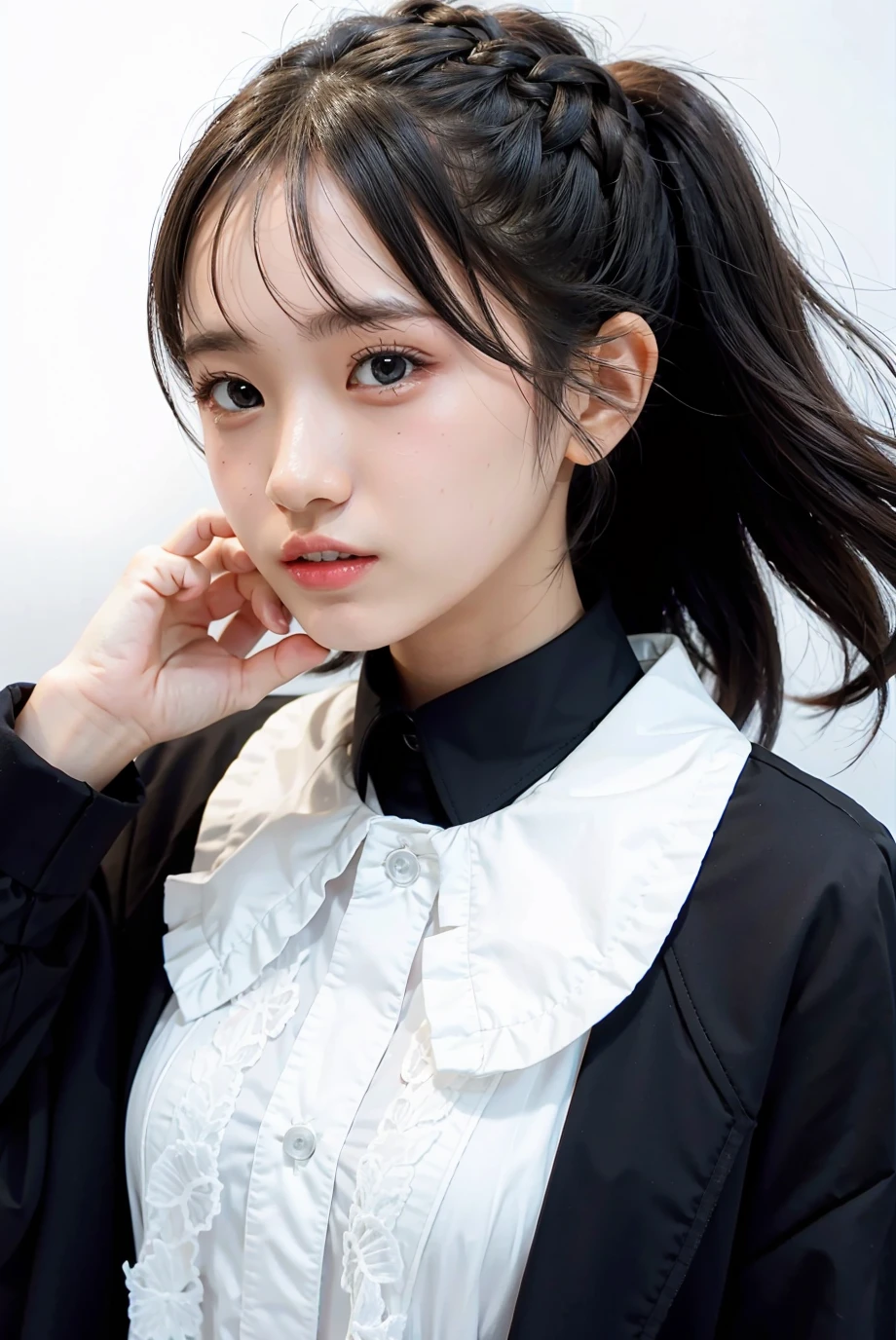 1girl, black random formal attire, white background, <lora:KatoYui_SKE48-02:1>
