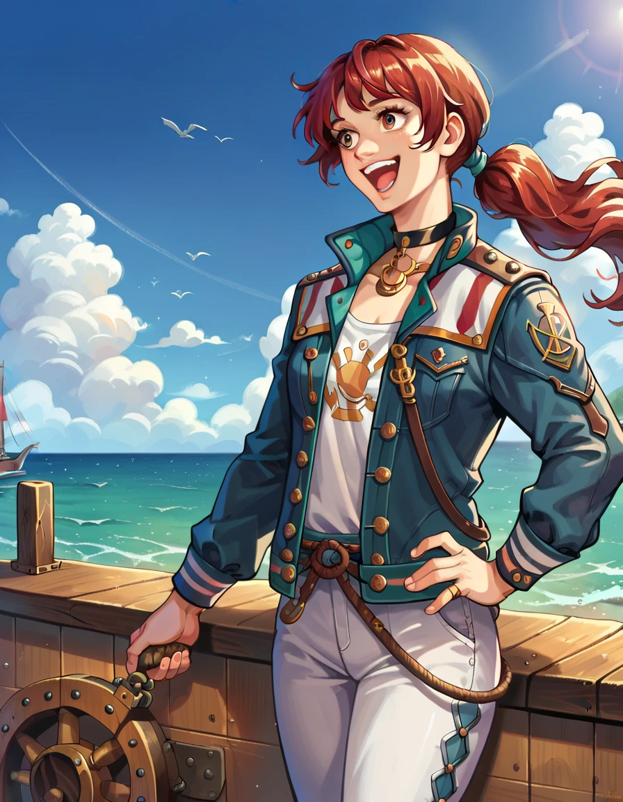 score_9,score_8_up,score_7_up,1girl,solo,jhoiracurrent, <lora:Jhoiracurrentpony:0.9>,ponytail,jacket,pants,choker,on deck of wooden ship,in midair,cloudy background,happy,:d