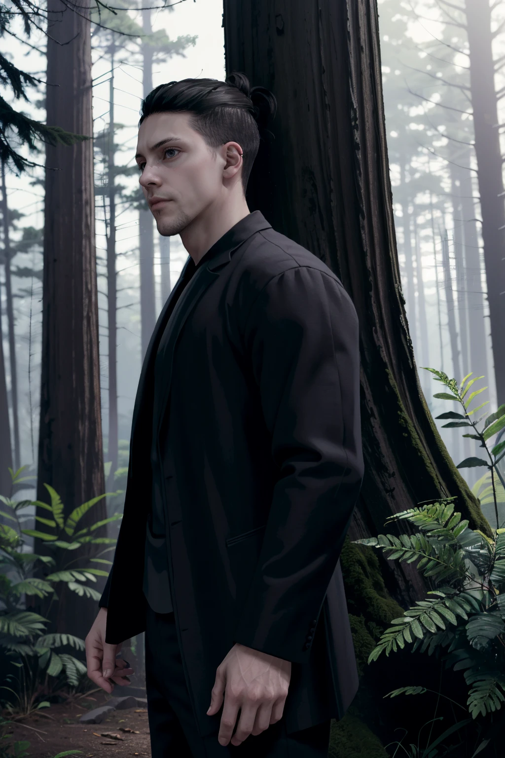 ((ultra detailed, masterpiece, absurdres))
<lora:DBHKamski:0.8>
DBHKamski, 1boy, undercut, black hair, standing amidst towering redwood trees in a lush forest