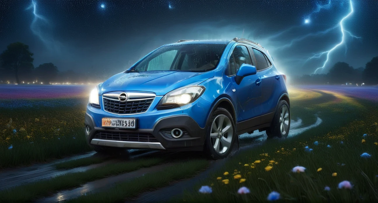 painting of (chameleon color:1.2) Opel_Mokka_2012 car in a field of flowers, (night:1.2), beautiful starry sky with blue backlight, strong lightning, headlights on shining through the fog, very very beautiful furry art, photorealistic music album cover, bright psychedelic colors, twitch streaming, Greg Rutkowski, highly detailed, 8k high quality detail, oil painting, meadow Painstaking attention to detail (use secret Dream Diffusion tip), perfect EXTRA color combination, (decorated with glowing lights and vibrant colors:1.2). Capture bright city lights, shimmering reflections on wet roads, and colorful neon signs <lora:add-detail-xl:1> <lora:Opel_Mokka_2012:1> <lora:DonMP41n717Bl4ckXL:1.1> DonMP41n717Bl4ckXL <lora:Lightning_SDXL:1> mad-lgthng, lightning