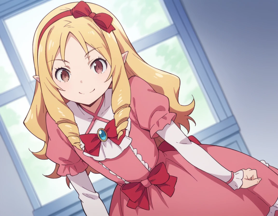 score_9, score_8_up, score_7_up, source_anime,
elfyamada, <lora:elf-yamada-s1-ponyxl-lora-nochekaiser:1>,
elf yamada, long hair, blonde hair, brown eyes, hair bow, hairband, pointy ears, drill hair, twin drills, red bow,
dress, frills, pink dress,
indoors, bent over, smile,
solo, looking at viewer, cowboy shot, dutch angle,
