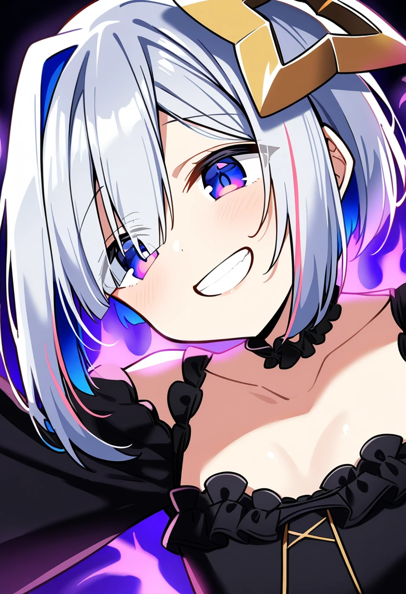 1girl, solo, amane kanata, 
short hair, silver hair, blue eyes, flat chest, black dress, frills, cleavage, grin,
white background, aura, 
masterpiece, best quality, very aesthetic, absurdres,