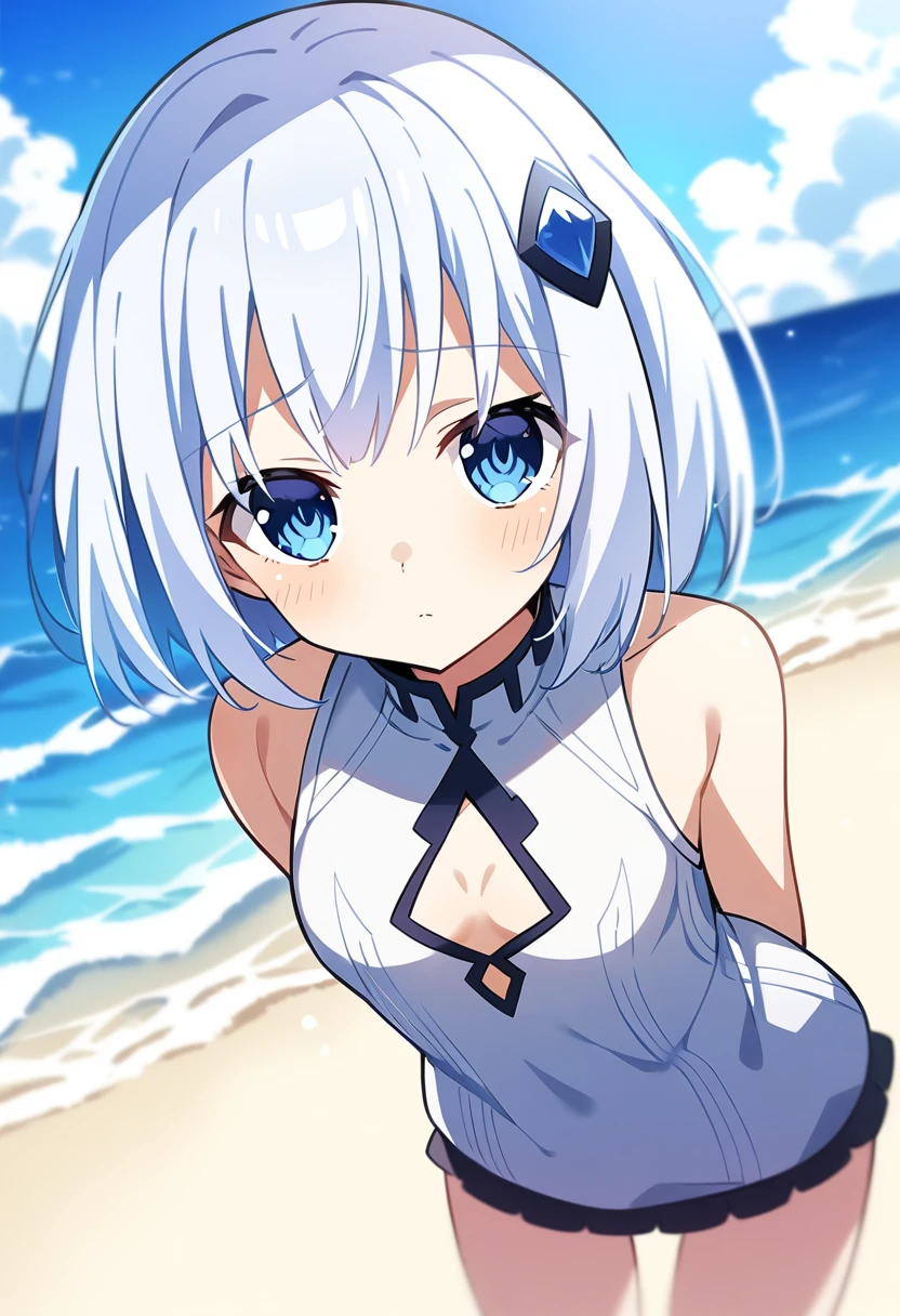 1girl, (tobiichi origami:1.2), date a live, white hair, short hair, blue eyes, small breasts, hairclip, knit sweater, sleeveless, cleavage cutout, arms behind back, leaning forward, expressionless, closed mouth, beach, ocean, blue sky, cloud, depth of field, medium shot
masterpiece, best quality, very aesthetic, absurdres,