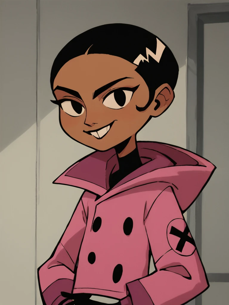 <lora:BritPony1.3:0.65> brit, solo, 1girl, black hair, short hair, dark-skinned female, black eyes, pink jacket,black,black gloves, buttons,buck teeth,upper body,standing, score_9, score_8_up, score_7_up, score_6_up, score_5_up, score_4_up, smile, indoors, looking at viewer,