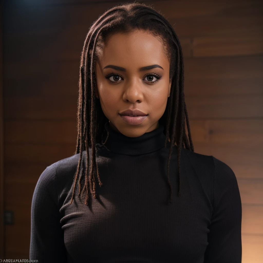 Best_QualityPos, RAW photo, intricate details, best quality, 8k uhd, soft lighting, 1girl, solo, kiranoir, long hair, black hair, brown eyes, dark skin, black turtleneck sweater, long sleeves, smug <lora:kiranoir:0.7>