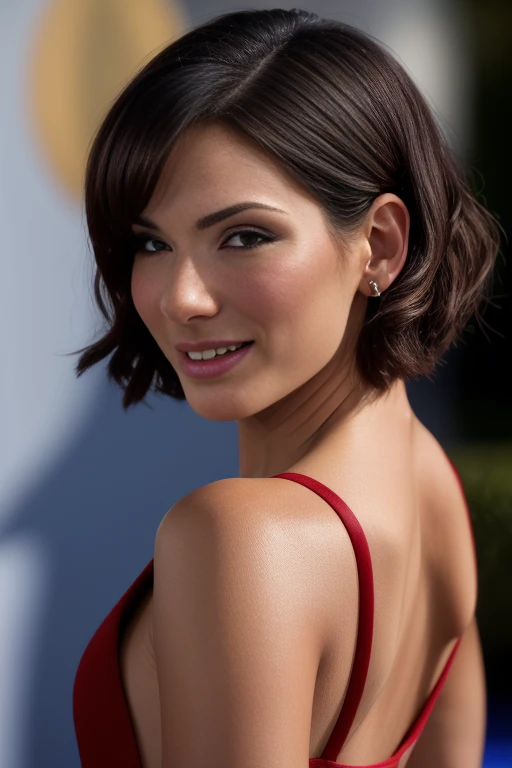 54ndr4bu110ck wearing backless gown on the red carpet, back shot, looking over shoulder to camera, teeth, smile, short brown hair, <lora:Sandra_Bullock_PMv1b_Lora:1.3>,, high quality photography, 3 point lighting, flash with softbox, 4k, Canon EOS R3, hdr, smooth, sharp focus, high resolution, award winning photo, 80mm, f2.8, bokeh, ((Glamour Shot)), detailed skin texture, (blush:0.5), (goosebumps:0.5), subsurface scattering