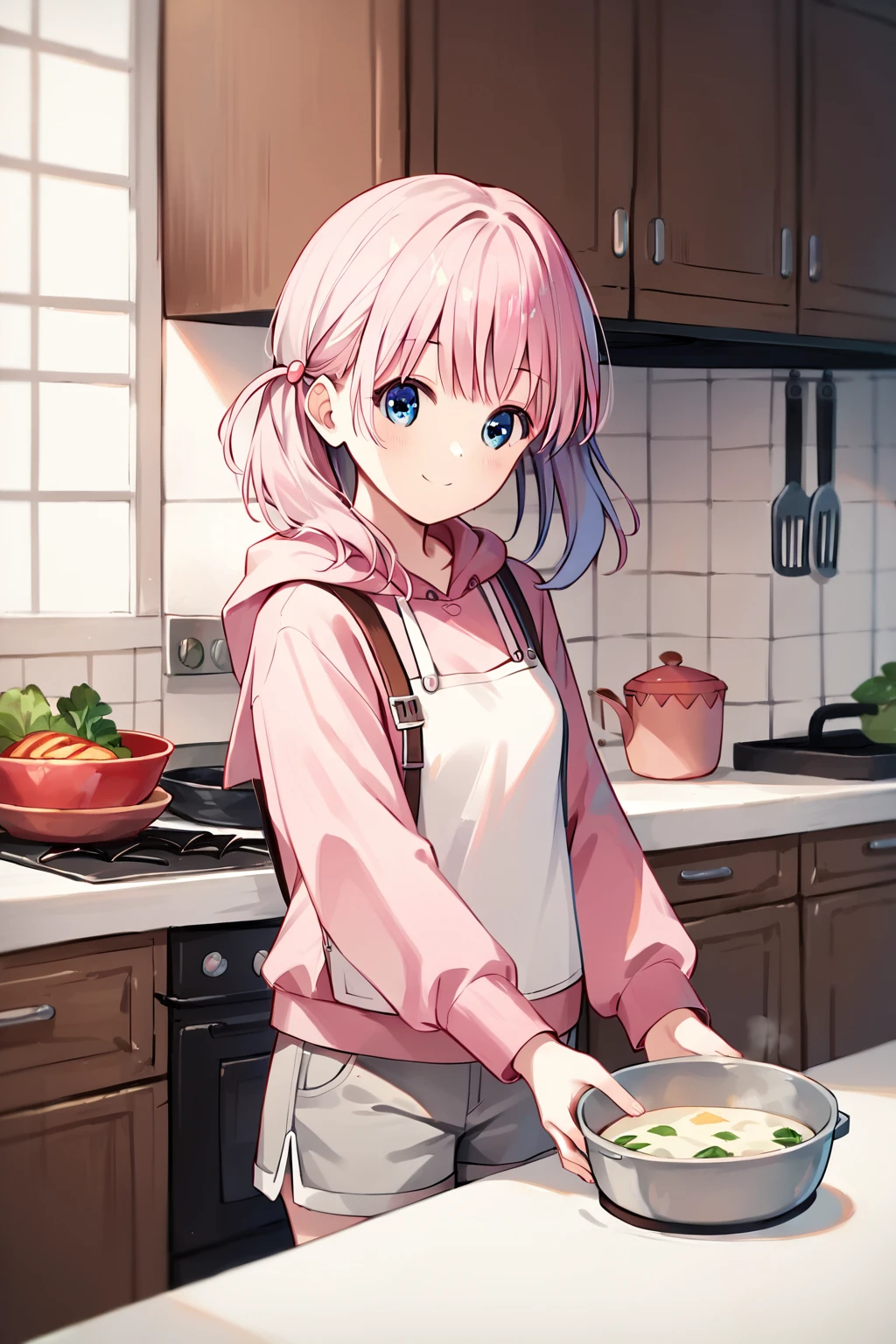 score_9, score_8_up, score_7_up, score_6_up, rating_safe, source_anime, best quality, masterpiece, detailed background, cowboy shot, kitchen, cooking, stepstool, pink hoodie, gray shorts, closed eyes, smile, <lora:haizakura-xl-06:1>, haizakura, blue eyes, small breasts,