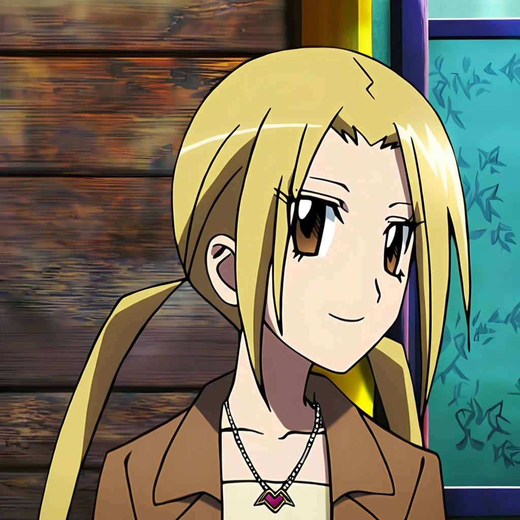 anime artwork illustrating Hagimura_Suzu, 1girl, solo, long hair, looking at viewer, smile, blonde hair, twintails, brown eyes, jewelry, collarbone, jacket, yellow eyes, upper body, necklace, high quality,masterpiece,animestyle, highress,female focus. created by japanese anime studio. highly emotional. best quality, high resolution