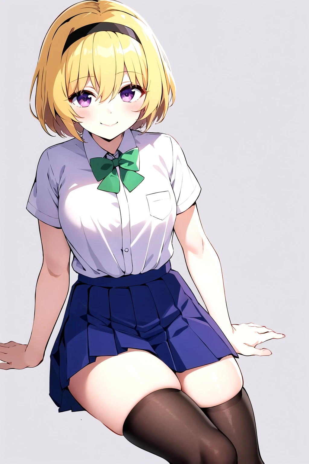 <lora:Satoko Houjou anylora15r-000006:0.7>, 1girl, houjou satoko, solo, blonde hair, hairband, skirt, black hairband, purple eyes, shirt, looking at viewer, white shirt, school uniform, smile, short hair, pleated skirt, short sleeves, simple background, bow, sitting, bangs, collared shirt, closed mouth, hair between eyes