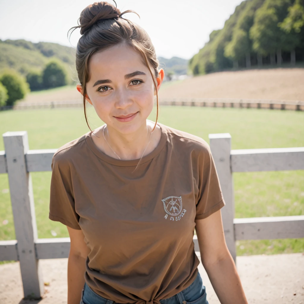 wide shot, score_9, score_8_up, score_7_up, <lora:Mayahiga_PonyXL_V2:1> best lighting, looking at viewer, farm, ranch, enclosure, fence, mayah1ga, 1girl, solo, brown hair, hair bun, brown shirt, photo background, posing, smile
