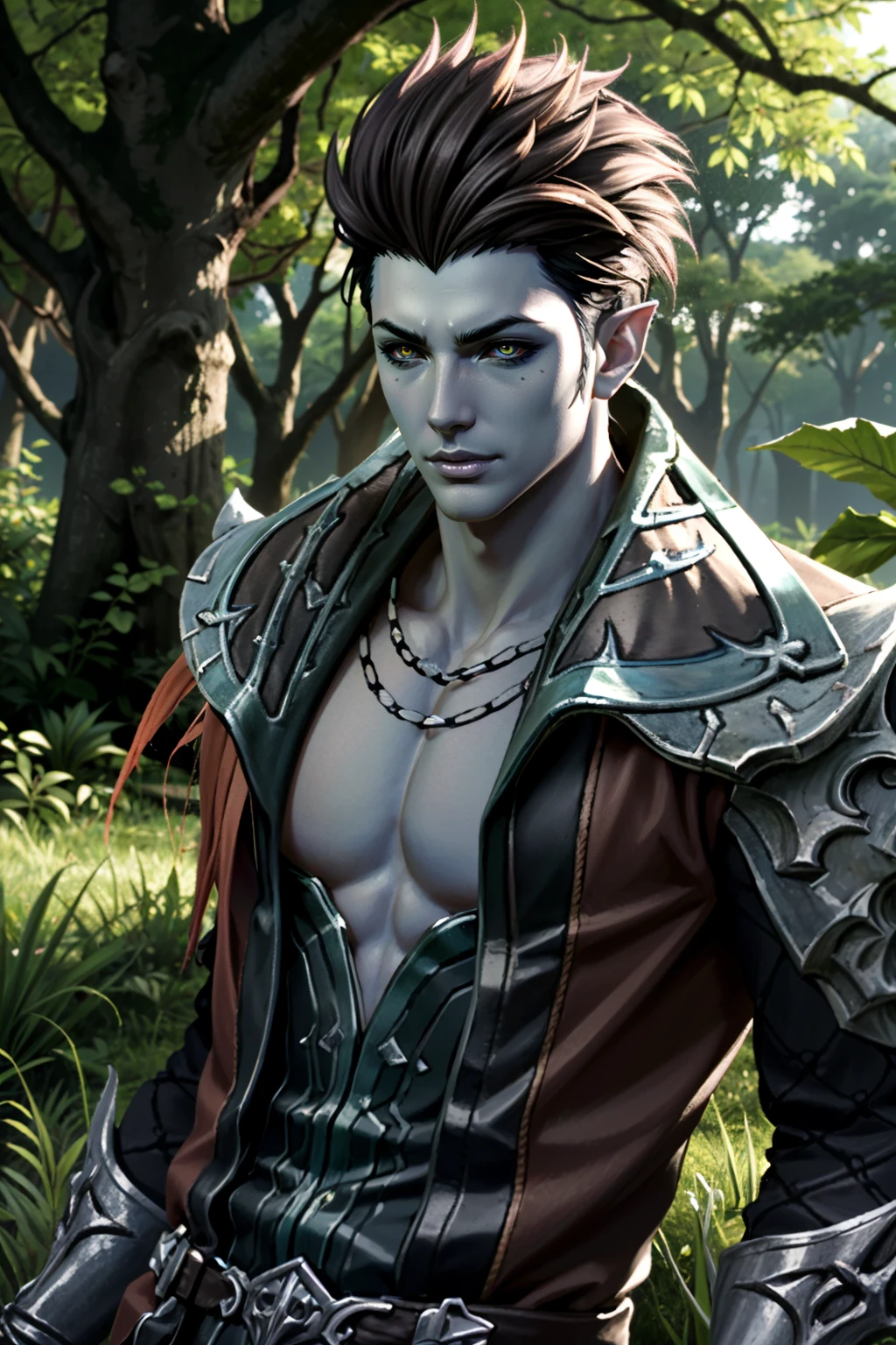 ((ultra detailed, masterpiece, absurdres))
<lora:LAKharmine:0.8>
LAKharmine, 1boy, short hair, brown hair, pointy ears, colored skin, colored sclera, in a lush green forest, dappled sunlight filtering through the trees