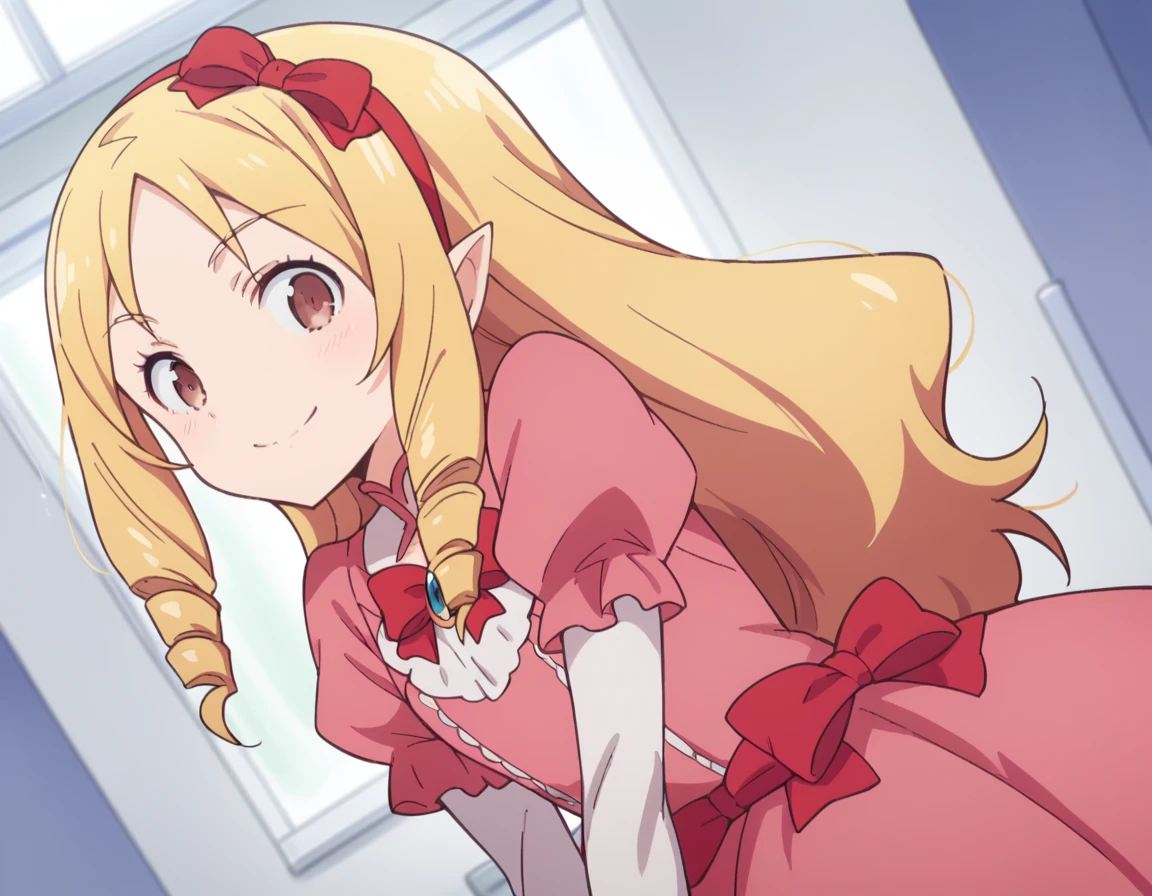 score_9, score_8_up, score_7_up, source_anime,
elfyamada, <lora:elf-yamada-s1-ponyxl-lora-nochekaiser:1>,
elf yamada, long hair, blonde hair, brown eyes, hair bow, hairband, pointy ears, drill hair, twin drills, red bow,
dress, frills, pink dress,
indoors, bent over, smile,
solo, looking at viewer, cowboy shot, dutch angle,