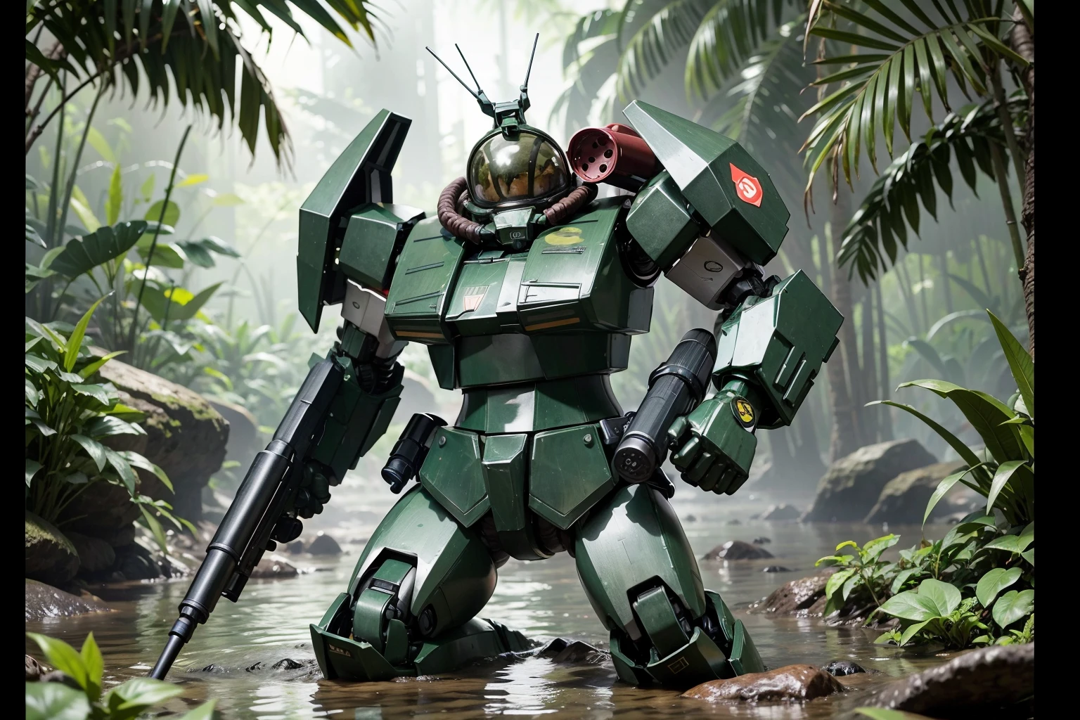RAW photo of a giant <lora:Robotech_ThorenGriffin:.8> robot holding a gun in its hand, wading knee-deep through a tropical swamp