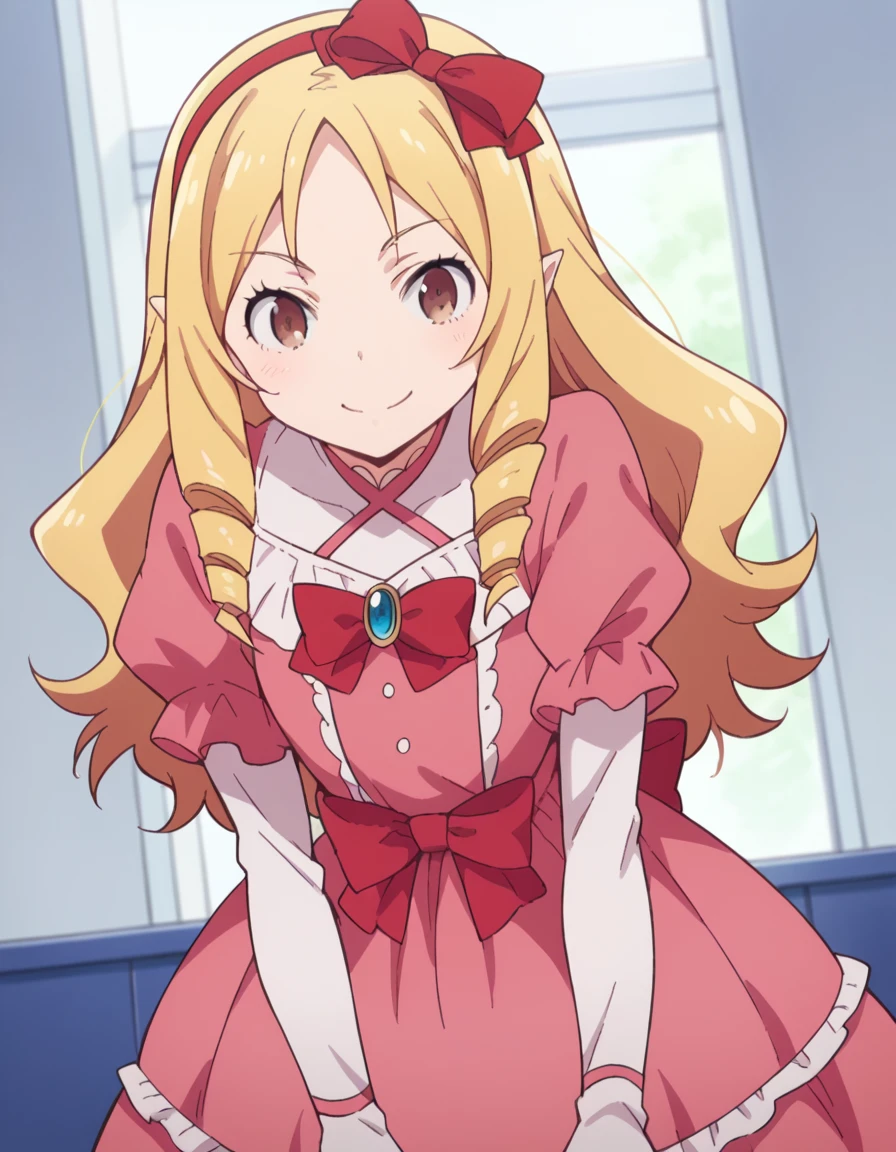 score_9, score_8_up, score_7_up, source_anime,
elfyamada, <lora:elf-yamada-s1-ponyxl-lora-nochekaiser:1>,
elf yamada, long hair, blonde hair, brown eyes, hair bow, hairband, pointy ears, drill hair, twin drills, red bow,
dress, frills, pink dress,
indoors, bent over, smile,
solo, looking at viewer, cowboy shot, dutch angle,