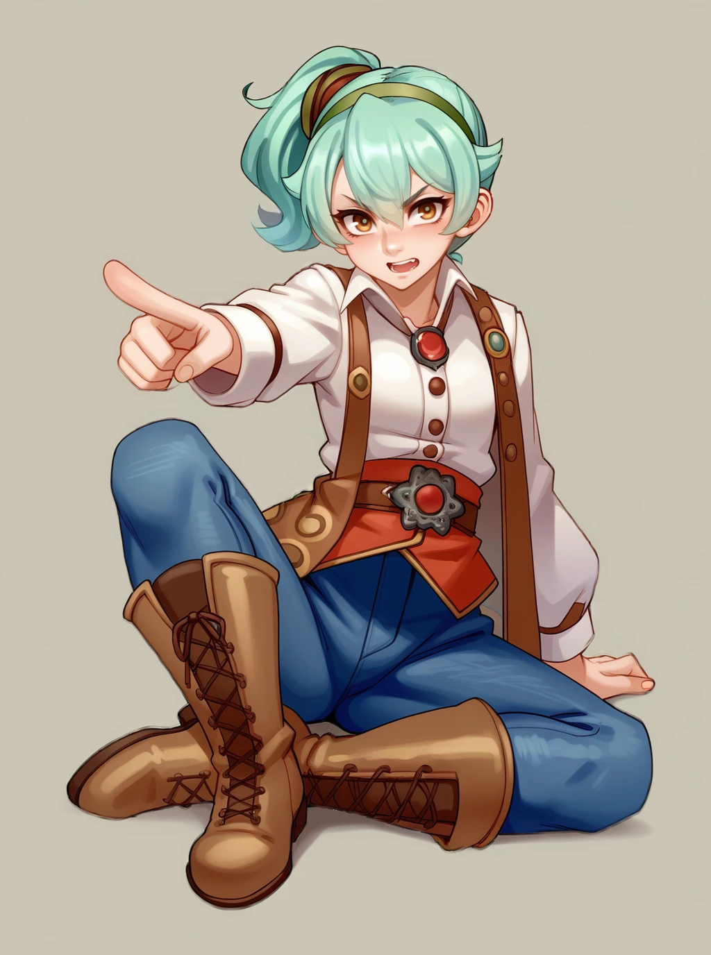 score_9, score_8_up, score_7_up, source_anime, solo, 1girl, lace-up boots, , Pistachio green hair, looking at another, Knolling, pointing down, Relic Seeker, kairunoburogu, <lora:kairunoborugu_PDXL-000001:1>