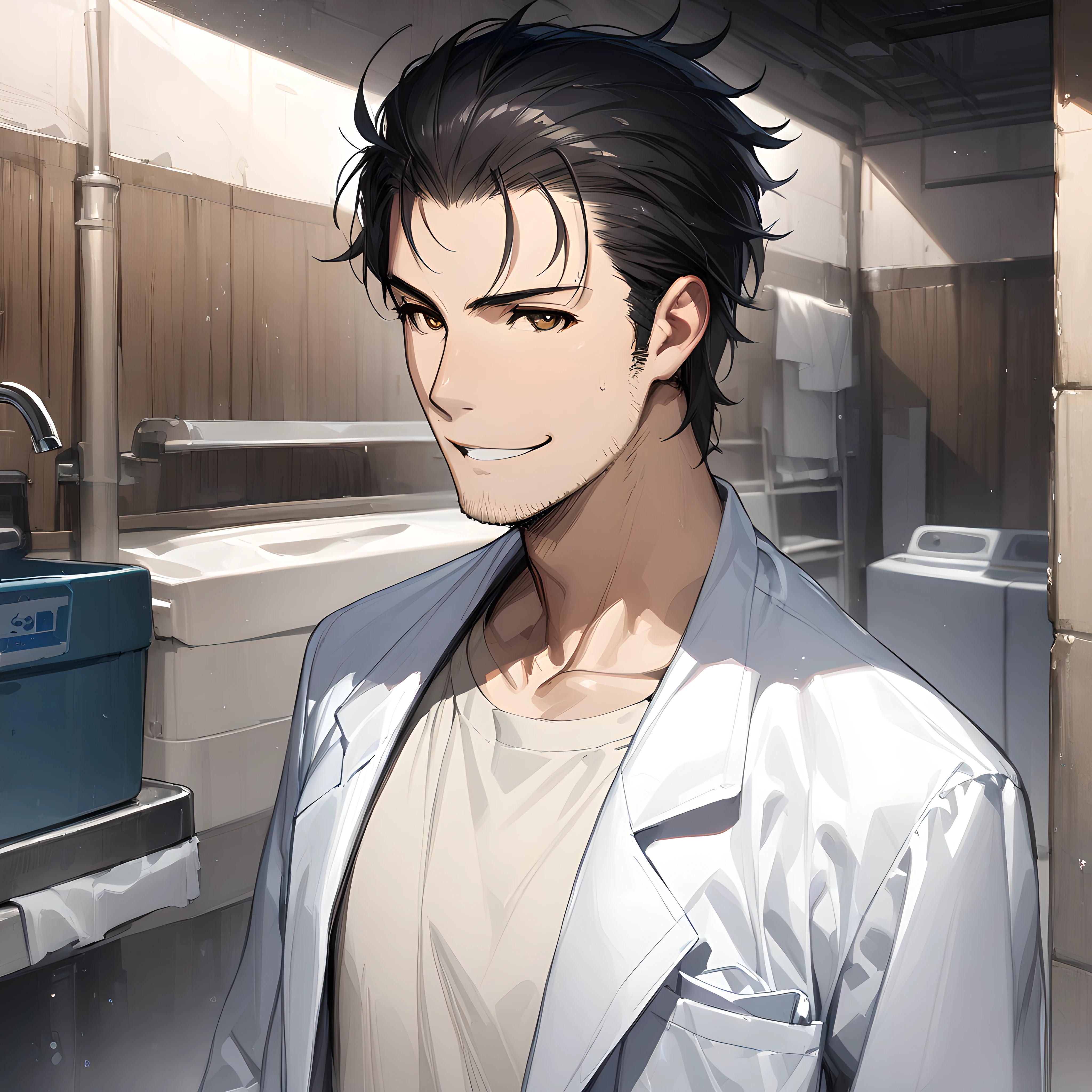 (masterpiece),(best quality),(ultra-detailed),(best illustration),(best shadow),(absurdres),(detailed background),(very aesthetic), okabe rintarou, brown eyes, stubble, black hair, facial hair, labcoat, smile, upper body, 1boy, male focus, solo, alleyway background, washing center, <lora:Okabe_Rintarou:1>