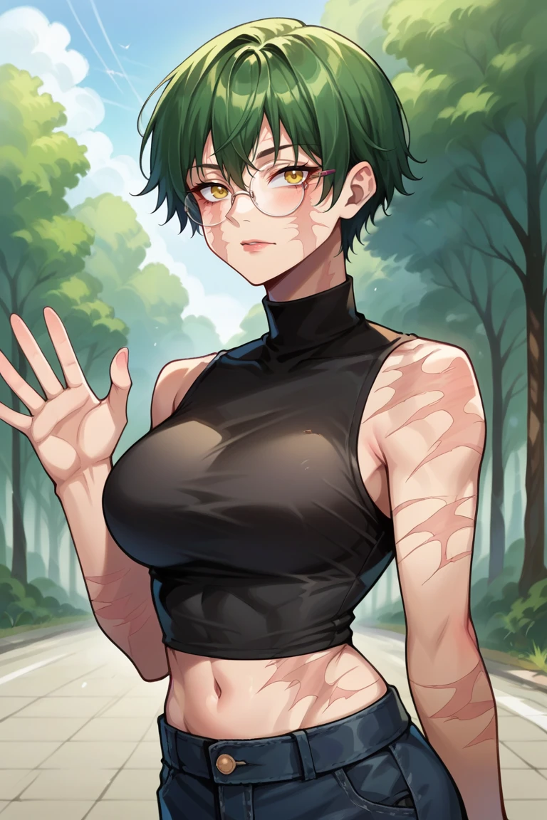 score_9, score_8_up, score_7_up, score_6_up, score_5_up, score_4_up, rating_questionable, , source_anime, digital illustration, pixiv, fanbox, uncensored, , BREAK, official art,
1girl, solo, mature female, maki, green hair, yellow eyes, round glasses, scars on body, scar, burn scar, 
black crop top, turtleneck, sleeveless, waving, upper body, outdoors, cowboy shot, looking at viewer, colorful, vivid,  <lora:Maki_Post_Pony_long-10:0.8>