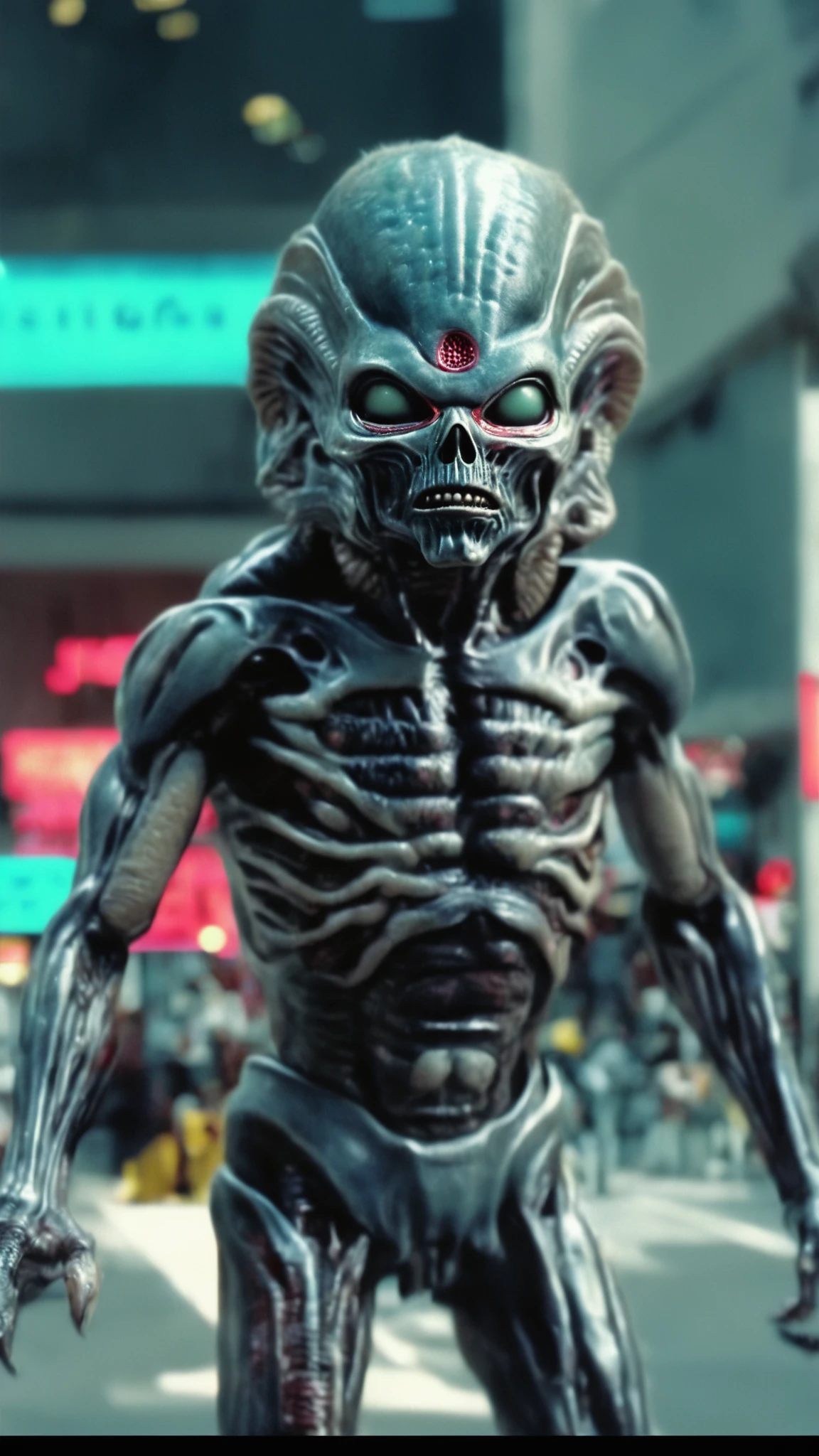 scene from the movie they live creature as alien god , They Live is a 1988 American science fiction action horror film written and directed by John Carpenter, cinematic film still. shallow depth of field, vignette, highly detailed, high budget Hollywood movie, bokeh, cinemascope, moody, epic, gorgeous, film grain, grainy<lora:Alien_God_V3:1><lora:Alien_God_V3:1>