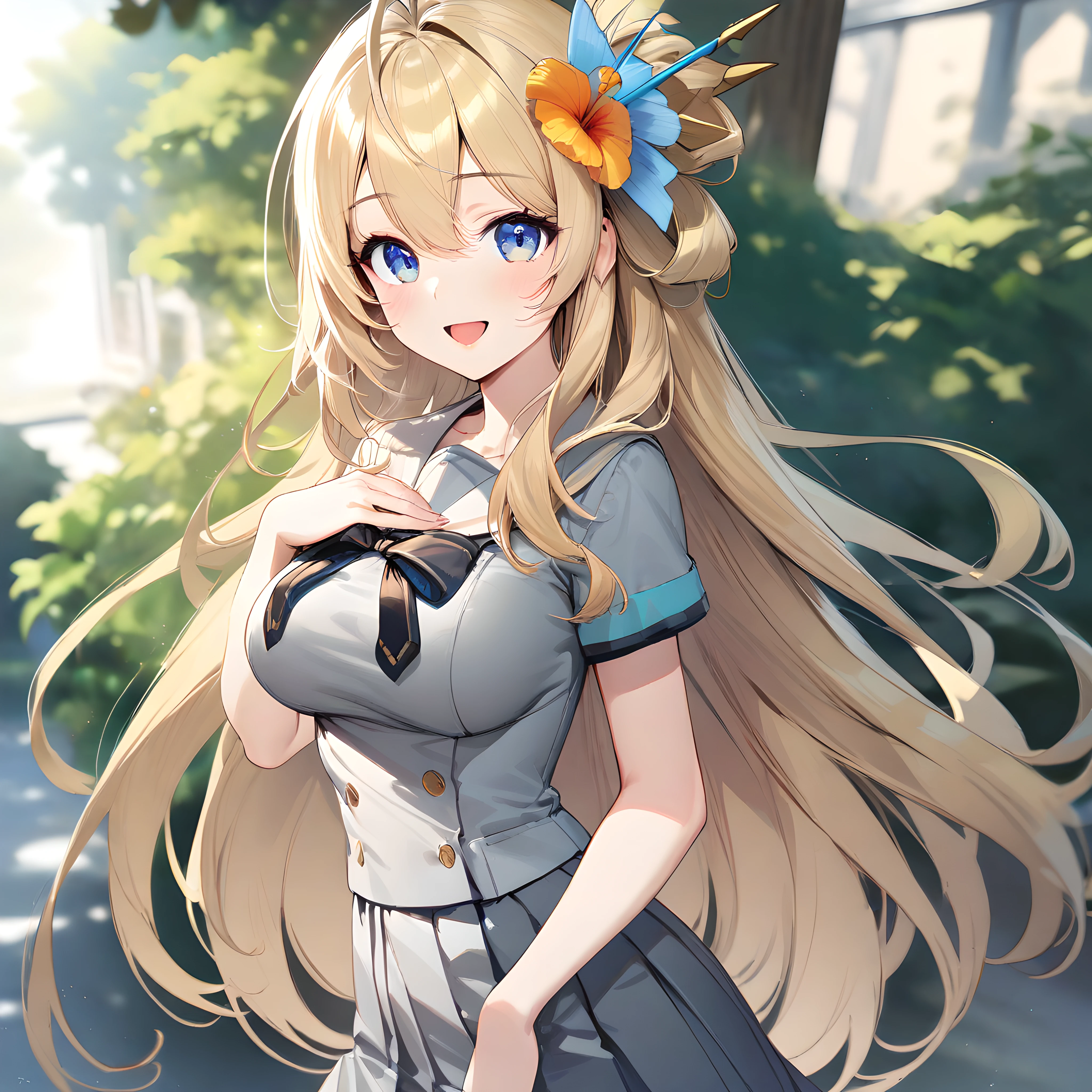 (masterpiece),(best quality),(ultra-detailed),(best illustration),(best shadow),(absurdres),(detailed background),(very aesthetic), lay ohva, 1girl, solo, blonde hair, solo, long hair, breasts, hair ornament, blue eyes, hair flower, flower, open mouth, smile, school uniform, grey uniform, pleated skirt, skirt, upper body,  <lora:XL-LayOhvav1:1>