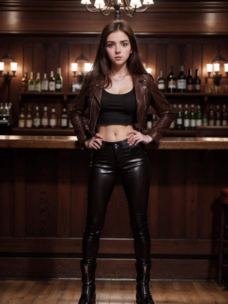 Analog photograph, tv_Benedita_Balaya_MXAIV2, elegant, casual,  , hard expression, wearing biker boots, wearing detailed leather pants, wearing a band t-shirt, wearing a leather jacket, standing at the bar in a biker bar, shot from the side, PA7_Portrait-FL, (((Ultra-HD-details, Ultra-HD-detailed, Ultra-HD-realistic, Ultra-HD-photo-same-realistic-quality-details))), 8k uhd, dslr, soft lighting, high quality, film grain, Fujifilm XT3