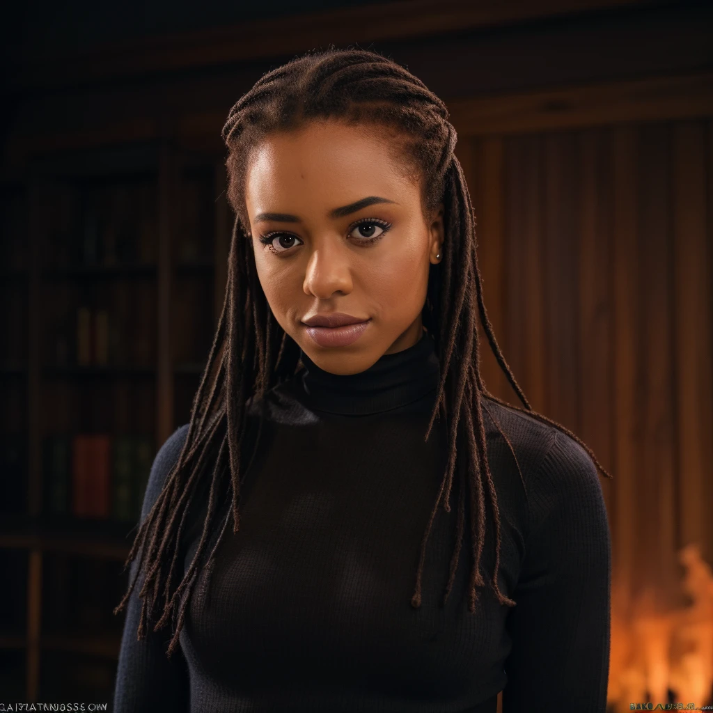 Best_QualityPos, RAW photo, intricate details, best quality, 8k uhd, soft lighting, 1girl, solo, kiranoir, long hair, black hair, brown eyes, dark skin, black turtleneck sweater, long sleeves, smug <lora:kiranoir:0.7>