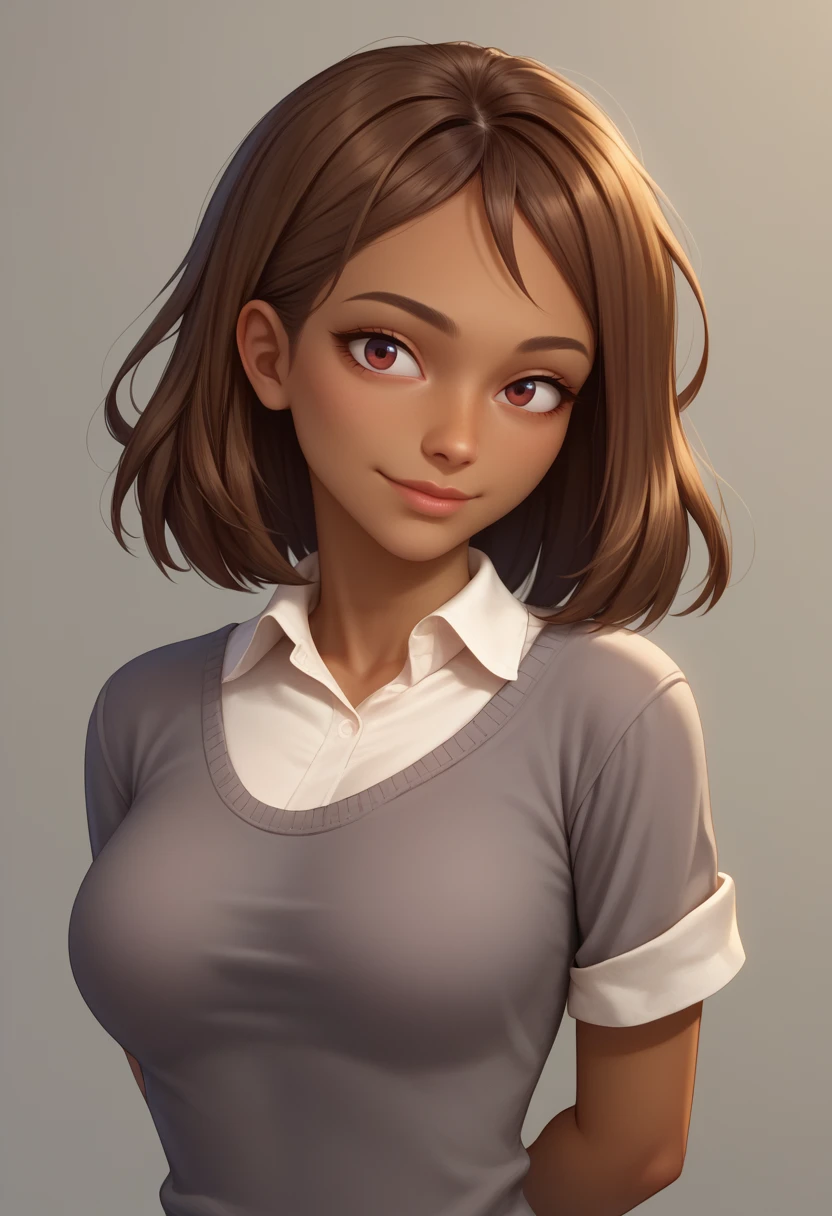 score_9, score_8_up, score_7_up, BREAK 1girl, solo, <lora:courtneytd-guy-PONYv2:1>, courtneytd, dark skin, collared shirt, grey sweater, short sleeves, portrait, arms behind back, light smile, head tilt, breasts, simple background, upper body,