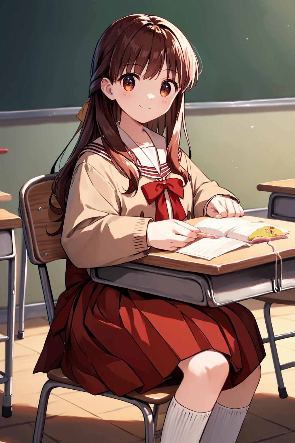 score_9, score_8_up, score_7_up, score_6_up, rating_safe, source_anime, best quality, masterpiece, detailed background, detailed eyes, classroom, classroom desk, sitting in chair, <lora:nagamori-mizuka-xl-02:1>, nagamori, brown school uniform, red skirt, white kneehighs, smile