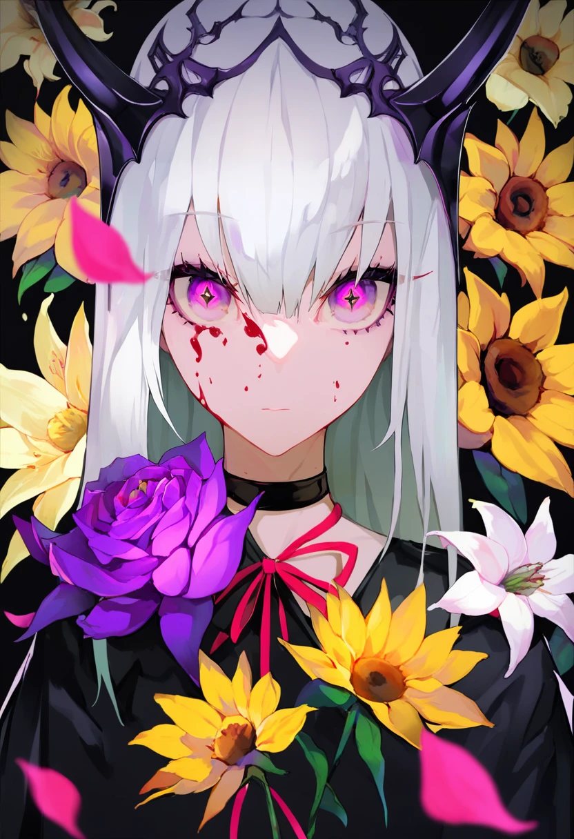 score_9, score_8_up, score_7_up, score_6_up, <lora:LAMXL_Js2_lokr_V4302:0.95> 1girl, flower, solo, yellow flower, sunflower, gloves, looking at viewer, blue flower, red flower, choker, spider lily, white flower, purple flower, chrysanthemum, upper body, black gloves, white hair, black background, headgear, black choker, pink eyes, pink flower, ribbon, lily \(flower\), closed mouth, purple eyes, rose, daisy, neck ribbon, hair between eyes, long hair, petals, black flower, long sleeves, anemone \(flower\), blood