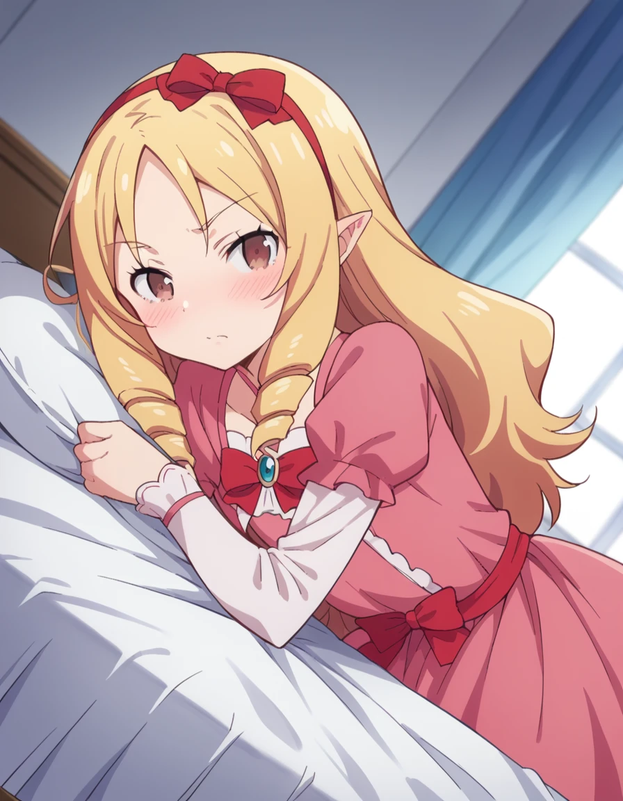 score_9, score_8_up, score_7_up, source_anime,
elfyamada, <lora:elf-yamada-s1-ponyxl-lora-nochekaiser:1>,
elf yamada, long hair, blonde hair, brown eyes, hair bow, hairband, pointy ears, drill hair, twin drills, red bow,
dress, frills, pink dress,
indoors, bed, bed room, on side, blush, drunk,
solo, looking at viewer, cowboy shot, dutch angle,
