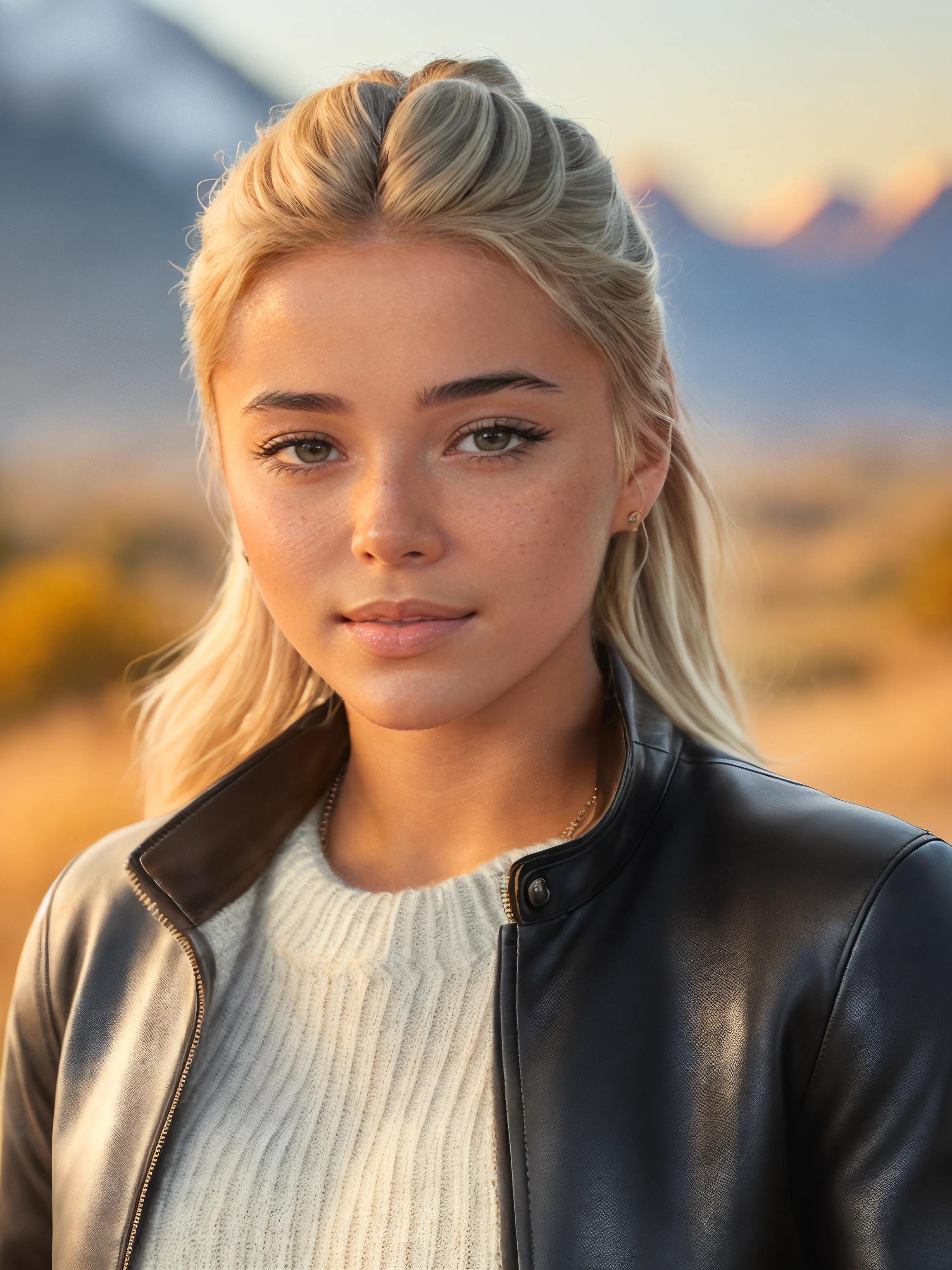 high quality photo, closeup, a beautiful woman, 0l1v1@dunn3, beautiful detailed eyes, hair in updo,  ((wearing leather-jacket and knitted-jumper)), mountain range in the background, vibrant nature, sunset, high quality, realistic, <lora:0l1v1@dunn3:1>