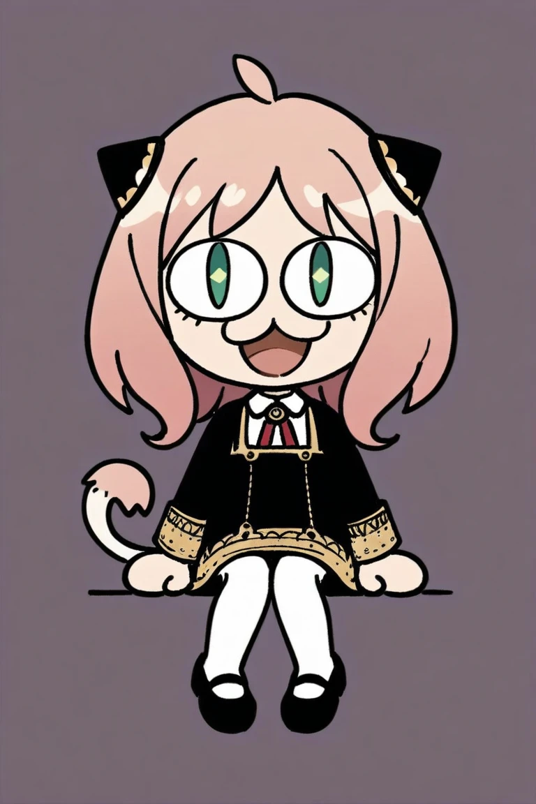 neco-arc, chibi, :3, tail,full body,(masterpiece),(best quality),Anya Forger, 1girl, anya \(spy x family\), solo, female child, pink hair, green eyes, school uniform, eden academy school uniform, smile, dress, sitting, looking at viewer, open mouth, black footwear, black dress, child, shirt, :d, long sleeves, full body, shoes, medium hair, bangs, ahoge, white pantyhose, collared shirt